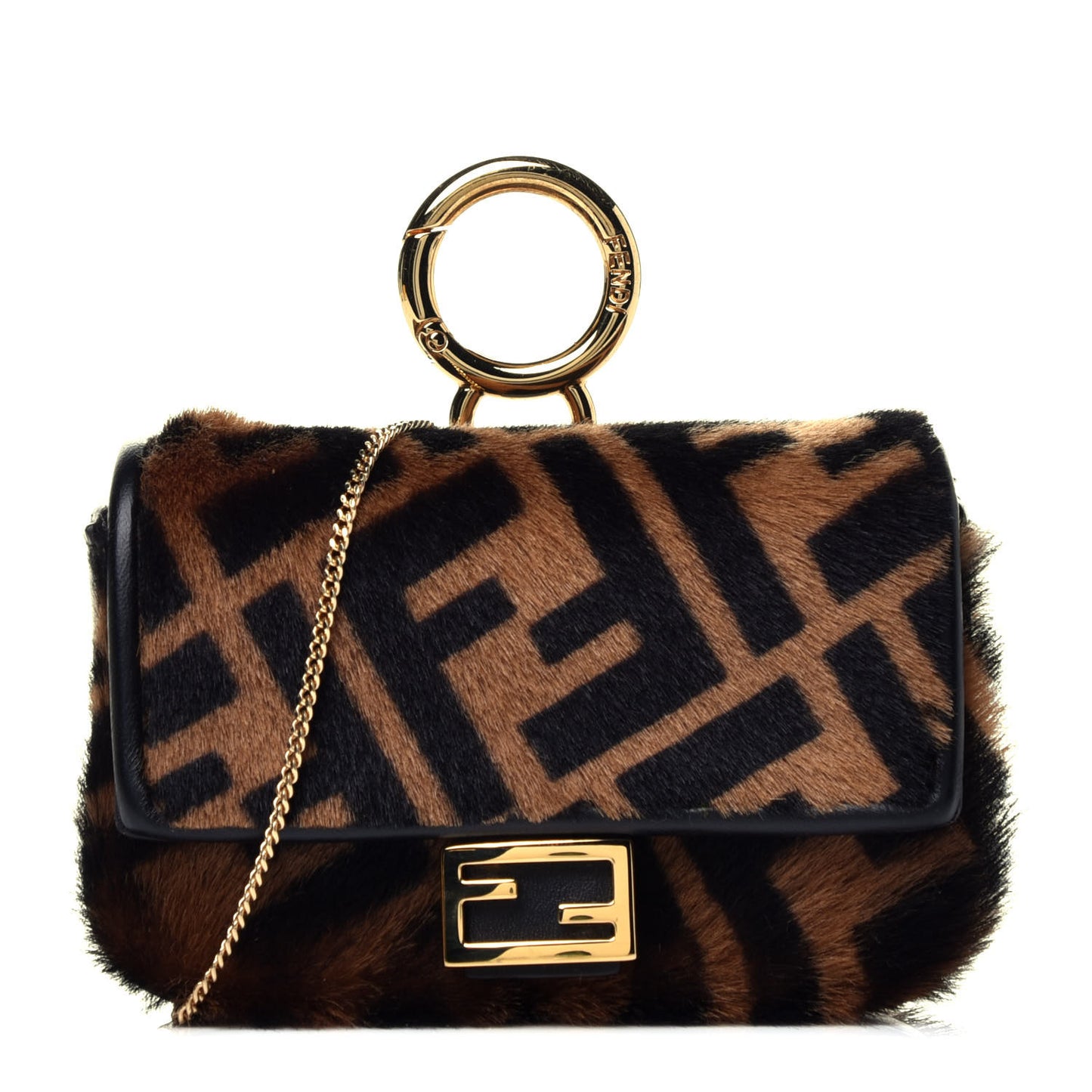 Sheared Sheepskin Vitello King FF Nano Baguette Charm Tobacco Moro Black