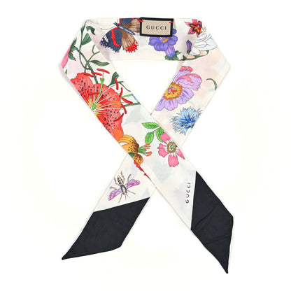 Gucci Silk Twill Floriso Neck Bow Scarf White Black 1 of 3