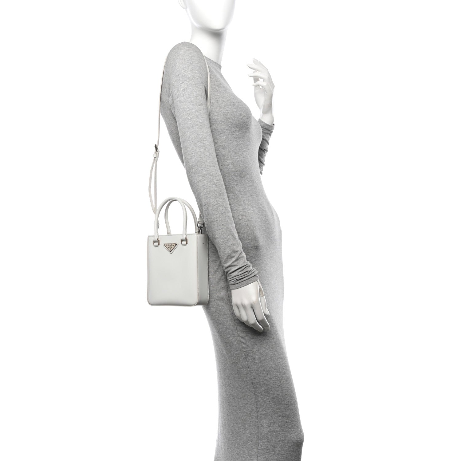 Prada Spazzolato Metal Triangle Logo Small Double Handle Crossbody Tote White 2 of 10