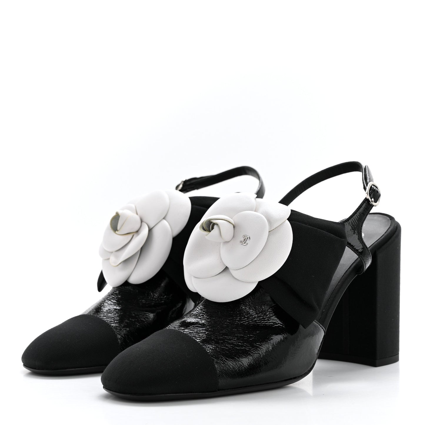 Crumpled Shiny Fabric Grosgrain Cap Toe Camellia Bow Slingback Pumps 40 Black