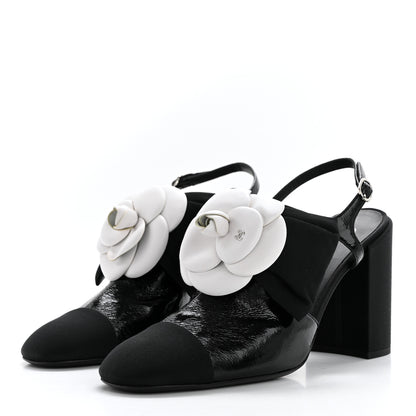 Chanel Crumpled Shiny Fabric Grosgrain Cap Toe Camellia Bow Slingback Pumps 40 Black 3 of 7