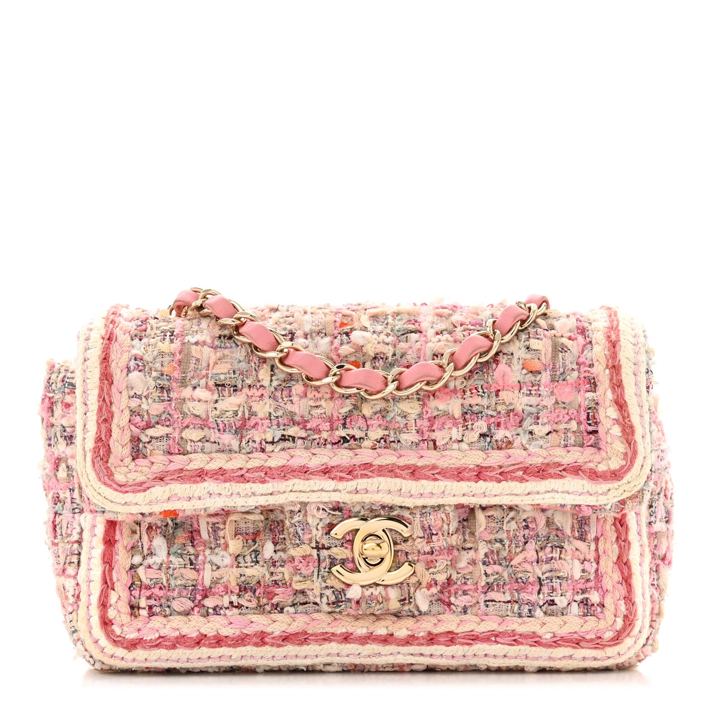 Tweed Braid Mini Flap White Pink