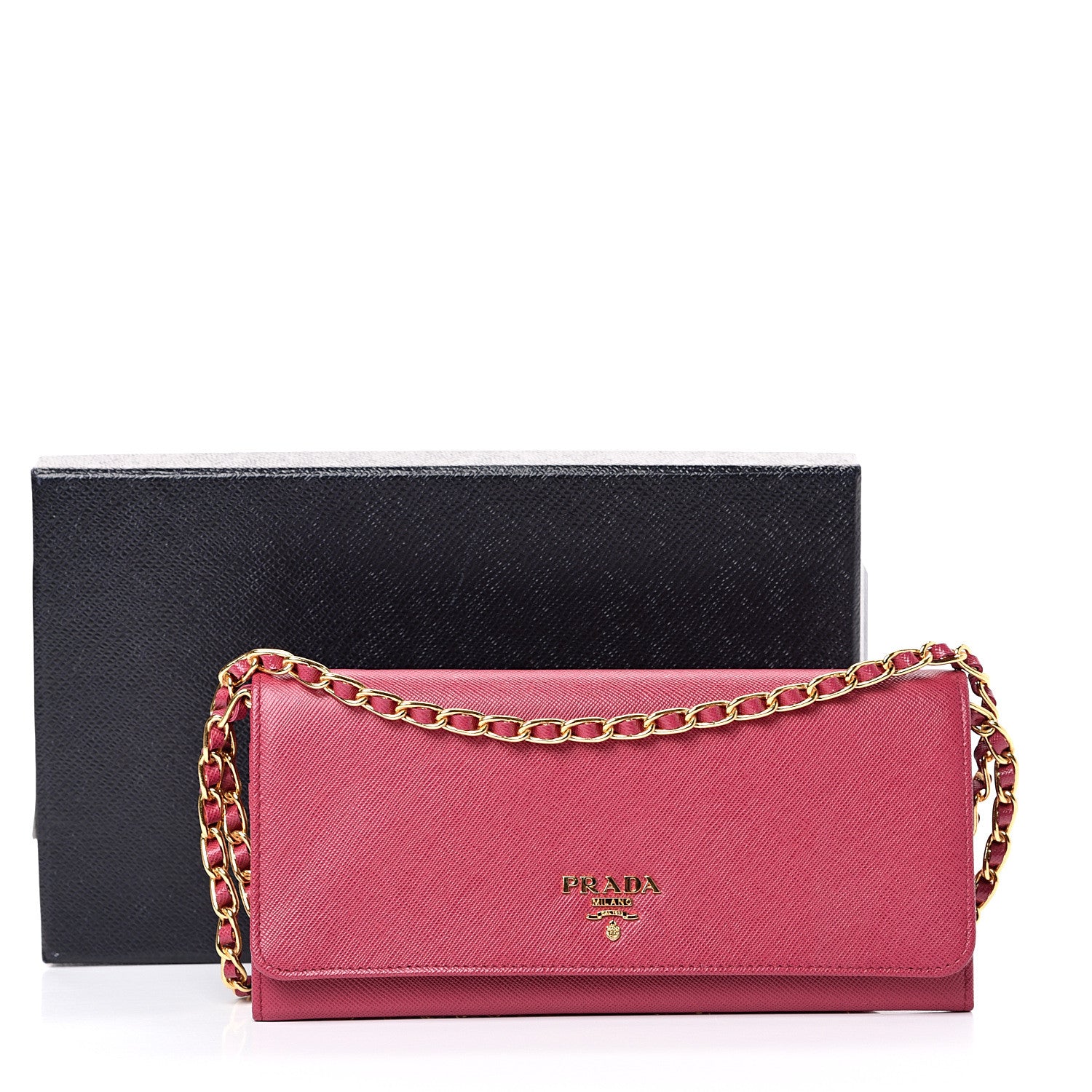 Prada Saffiano Metal Oro Chain Wallet Ibisco 11 of 11
