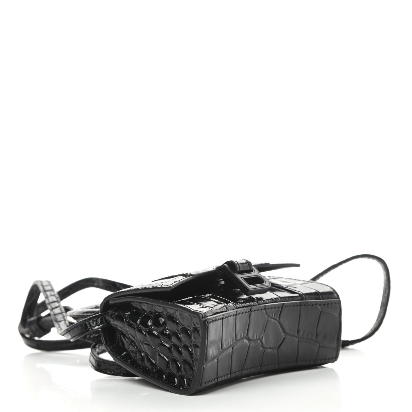 Shiny Calfskin Monochrome Crocodile Embossed Hourglass Top Handle Bag Mini Black