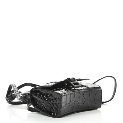 Balenciaga Shiny Calfskin Monochrome Crocodile Embossed Hourglass Top Handle Bag Mini Black 4 of 12