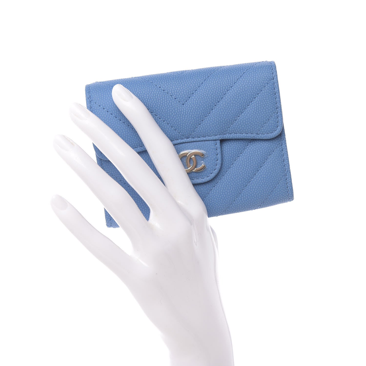 Chanel Caviar Flat Chevron Quilted Flap Card Holder Blue 2 of 9