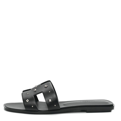 Hermes Calfskin Studded Oran Sandals 37.5 Black 1 of 10