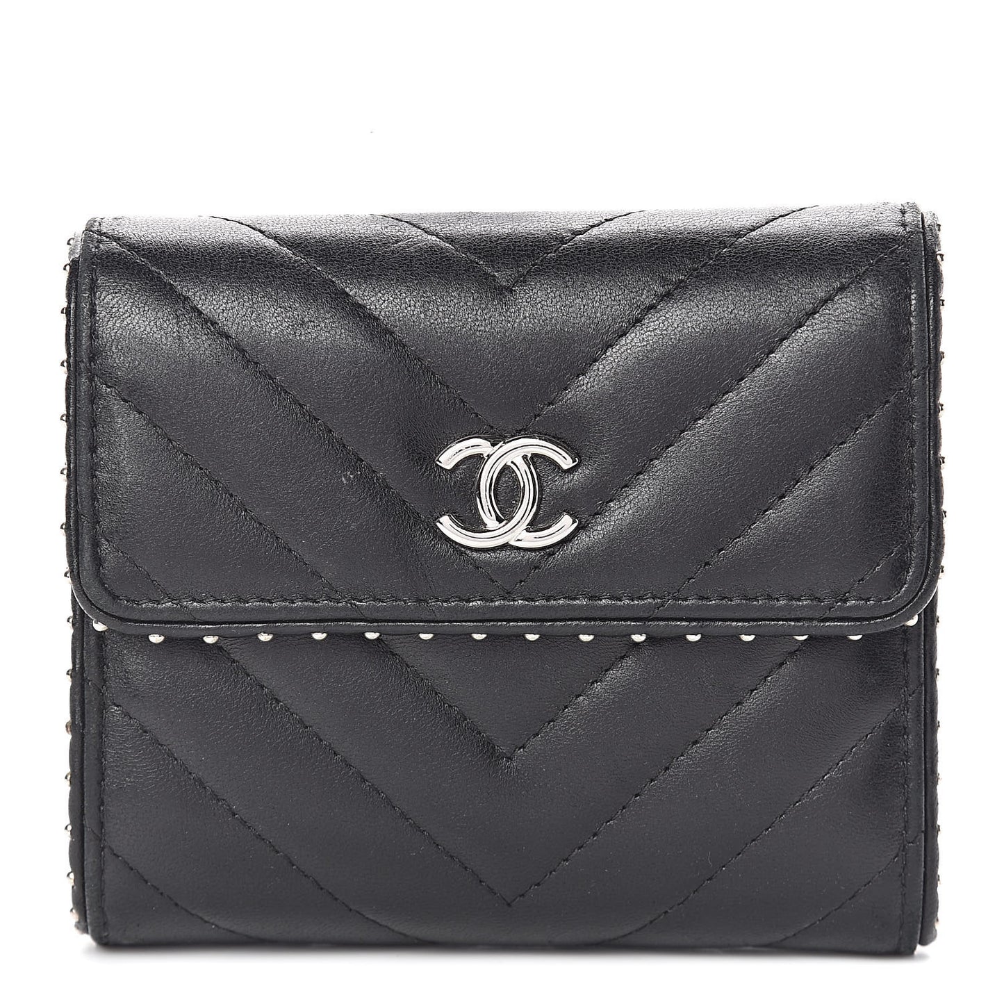 Lambskin Chevron Quilted Studded Compact Flap Wallet Black