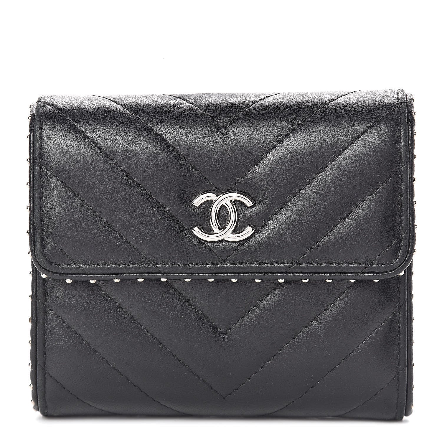 Chanel Lambskin Chevron Quilted Studded Compact Flap Wallet Black 1 of 12
