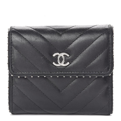 Chanel Lambskin Chevron Quilted Studded Compact Flap Wallet Black 1 of 12