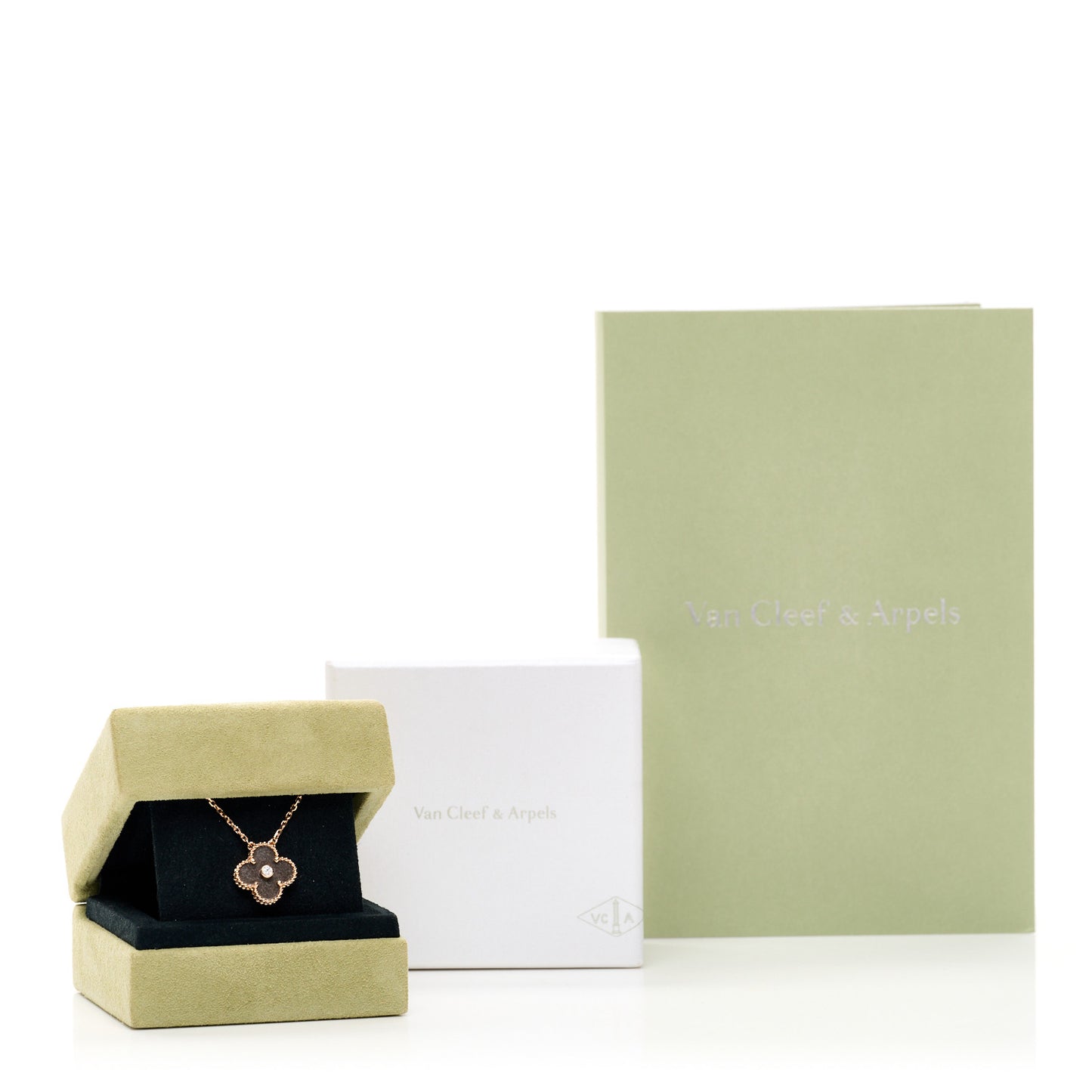 18K Rose Gold Diamond Silver Obsidian Vintage Alhambra Pendant Necklace