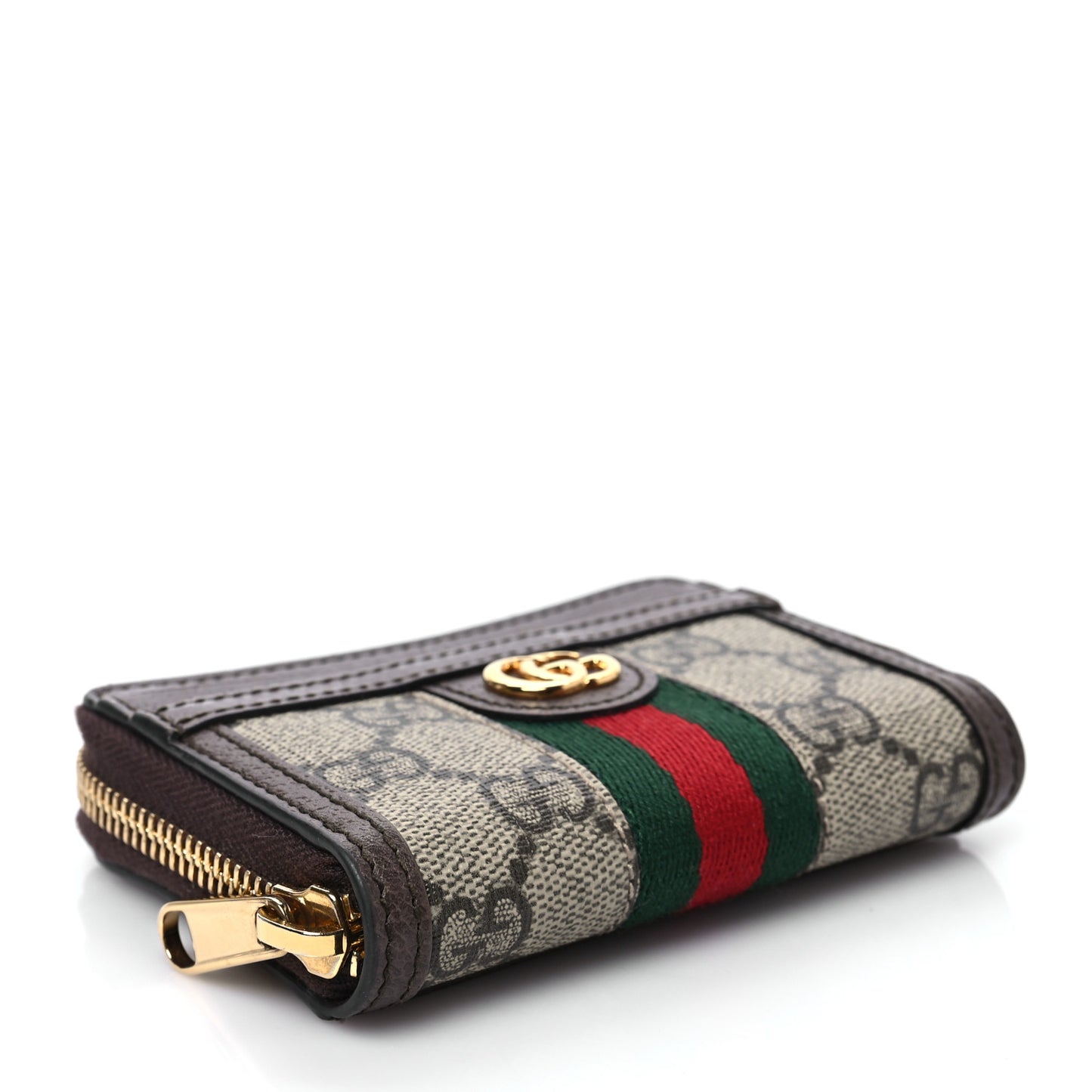 GG Supreme Monogram Textured Dollar Calfskin Web Ophidia Zip Around Card Case Wallet Beige Ebony New Acero