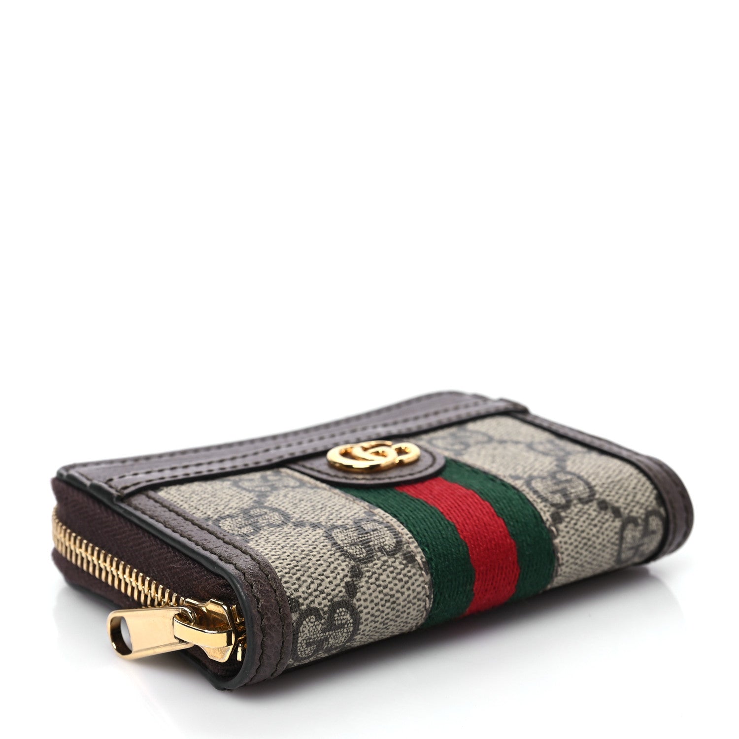 Gucci GG Supreme Monogram Textured Dollar Calfskin Web Ophidia Zip Around Card Case Wallet Beige Ebony New Acero 4 of 7