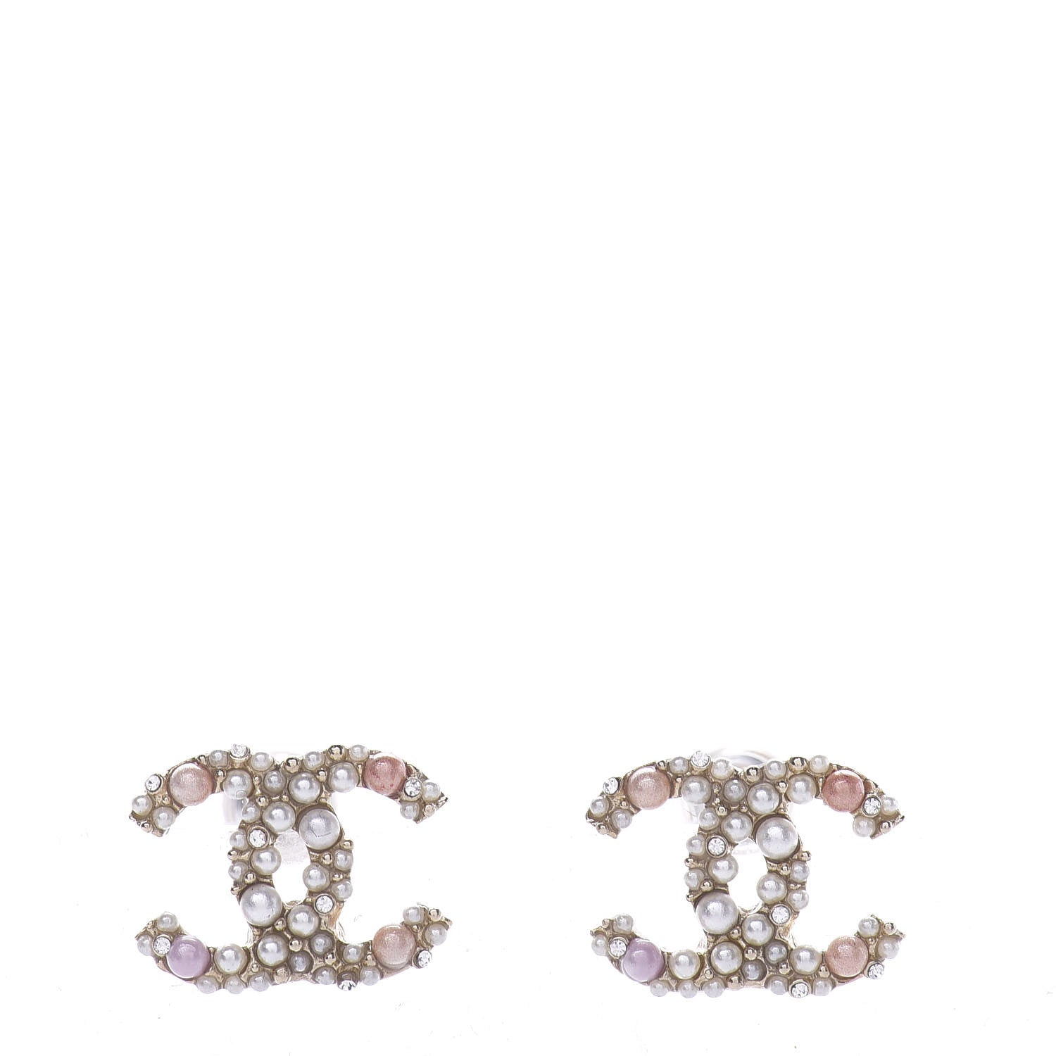 Chanel Pearl Crystal CC Charms Stud Earrings Light Gold Pink 1 of 5