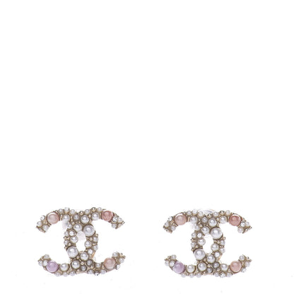 Chanel Pearl Crystal CC Charms Stud Earrings Light Gold Pink 1 of 5