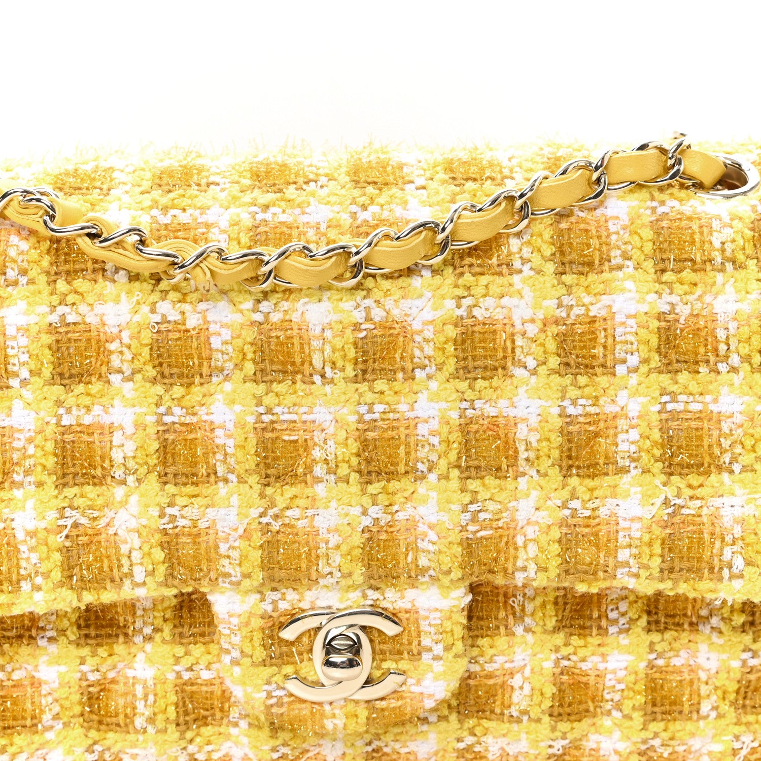 Chanel Tweed Quilted Medium Double Flap Yellow White Ochre 8 of 12