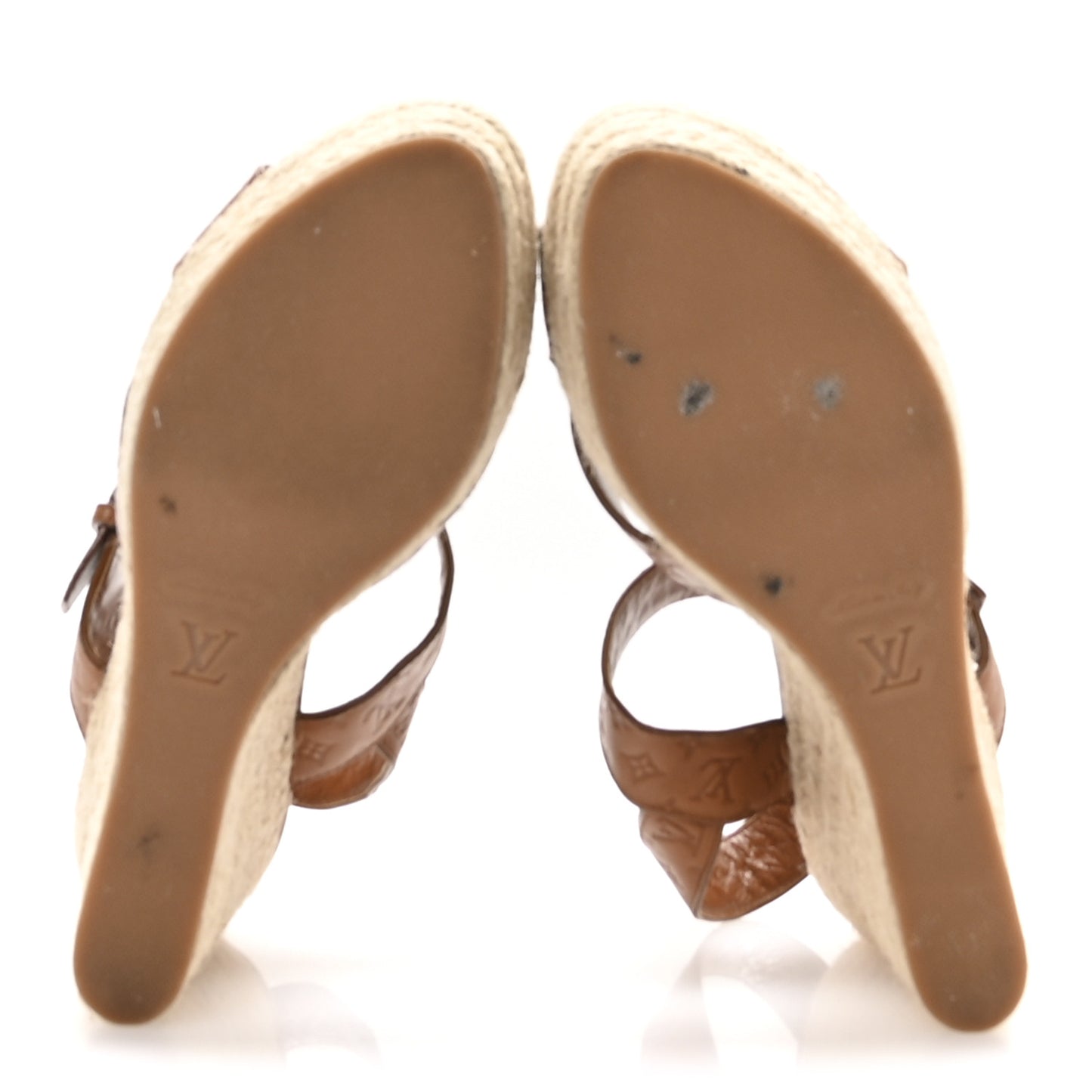 Calfskin Monogram Embossed Espadrille Wedge Sandals 38.5 Cognac