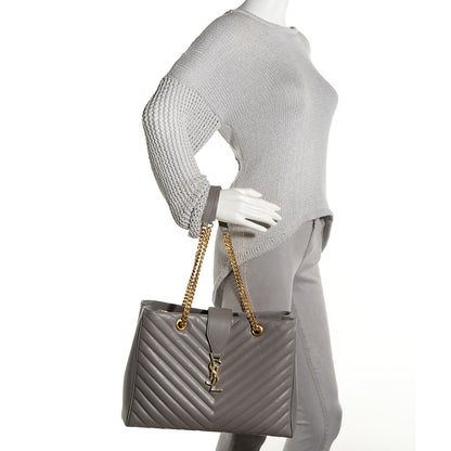 Saint Laurent Lambskin Matelasse Chevron Monogram Large Shopping Bag Grey 4 of 9