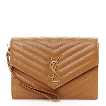 Saint Laurent Grain De Poudre Matelasse Chevron Monogram Cassandre Flap Pouch Natural Dark 1 of 8