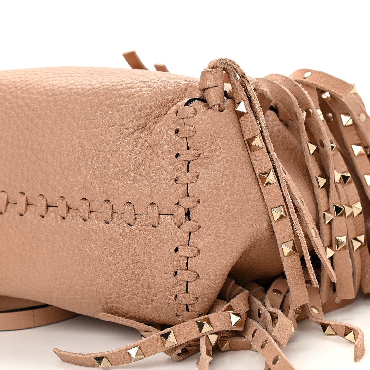 Grained Calfskin Small Rockstud C-Rockee Fringe Tote Poudre