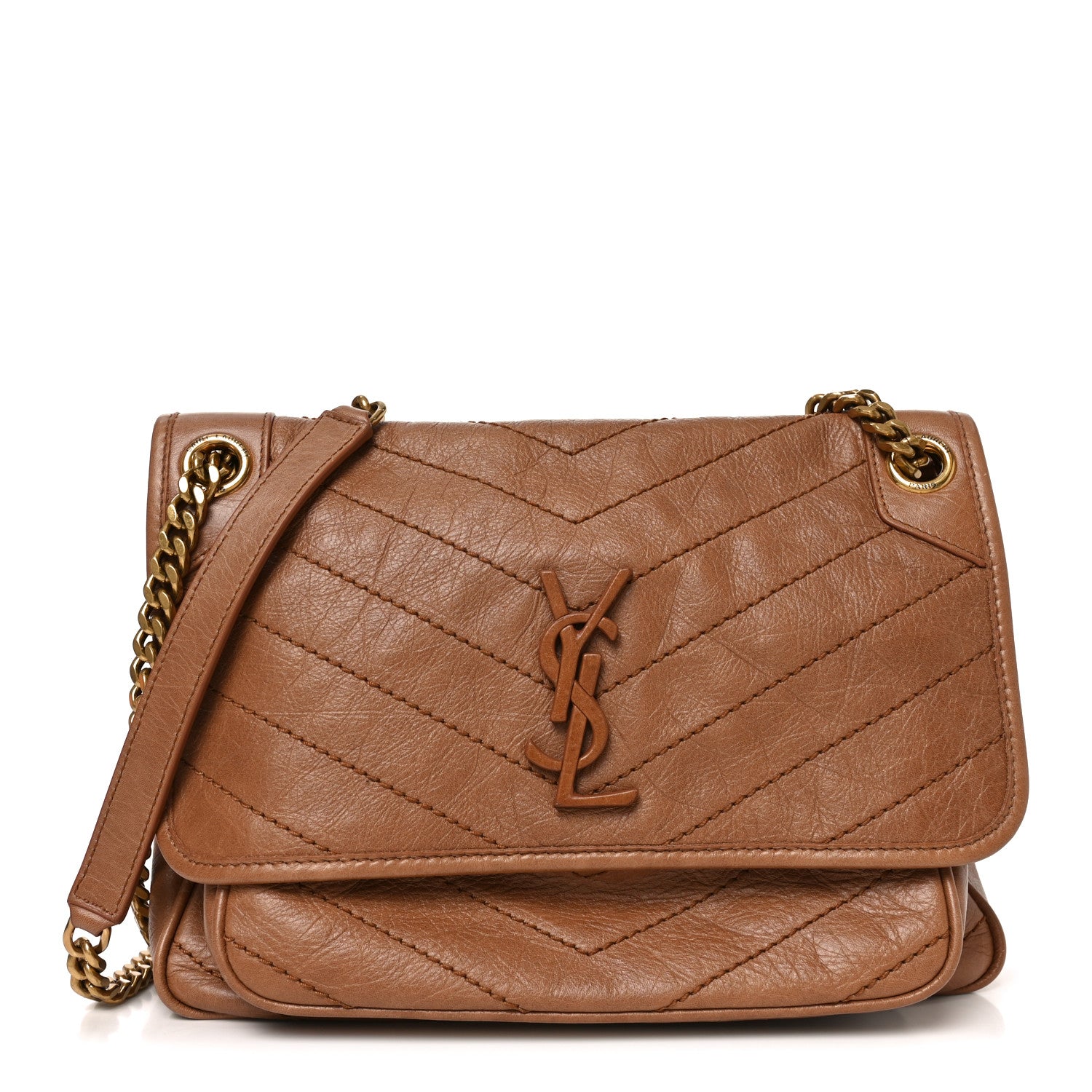 Saint Laurent Crinkled Calfskin Matelasse Monogram Medium Niki Chain Satchel Caramel 1 of 10