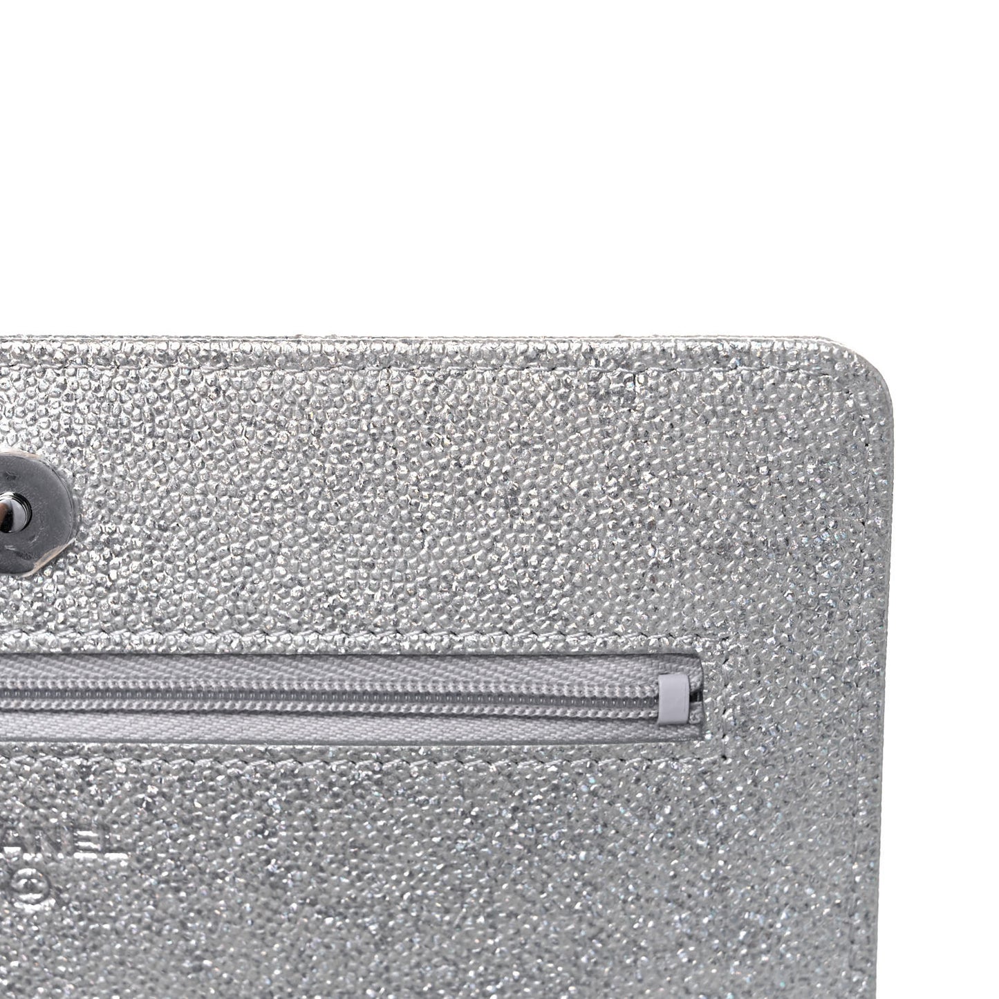 Glittered Metallic Caviar Quilted Wallet On Chain WOC Silver