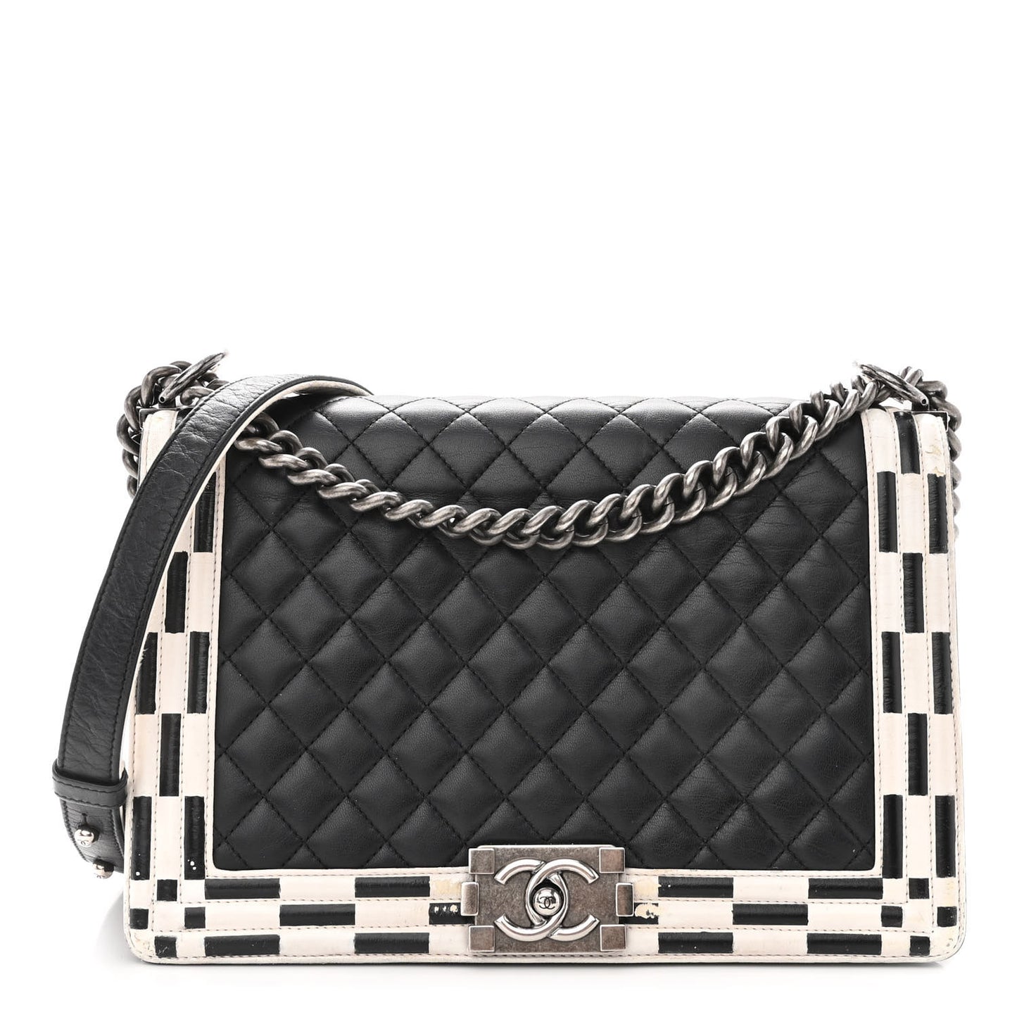 Calfskin Quilted Checkerboard Trim New Medium Boy Flap Black White