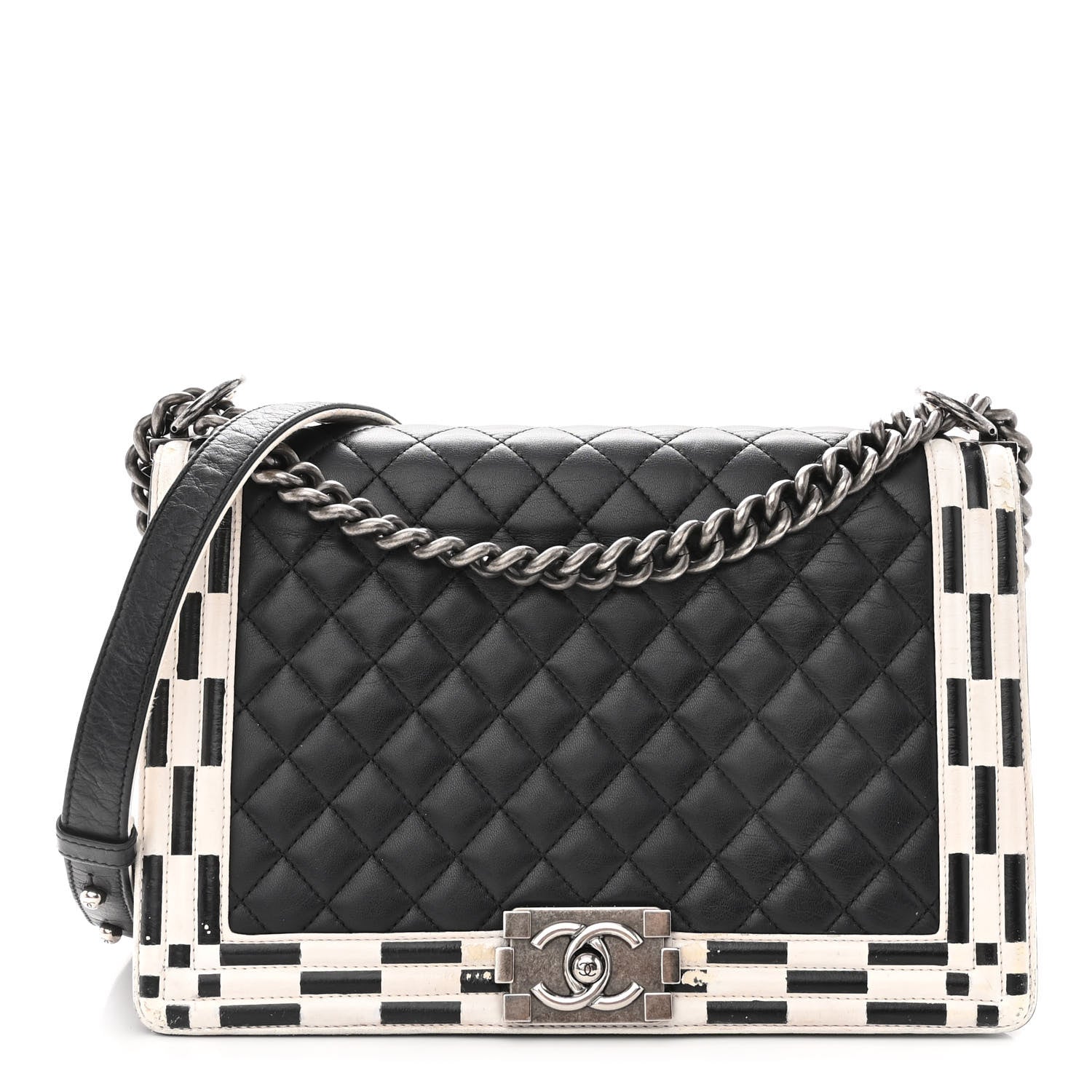 Chanel Calfskin Quilted Checkerboard Trim New Medium Boy Flap Black White 1 of 17