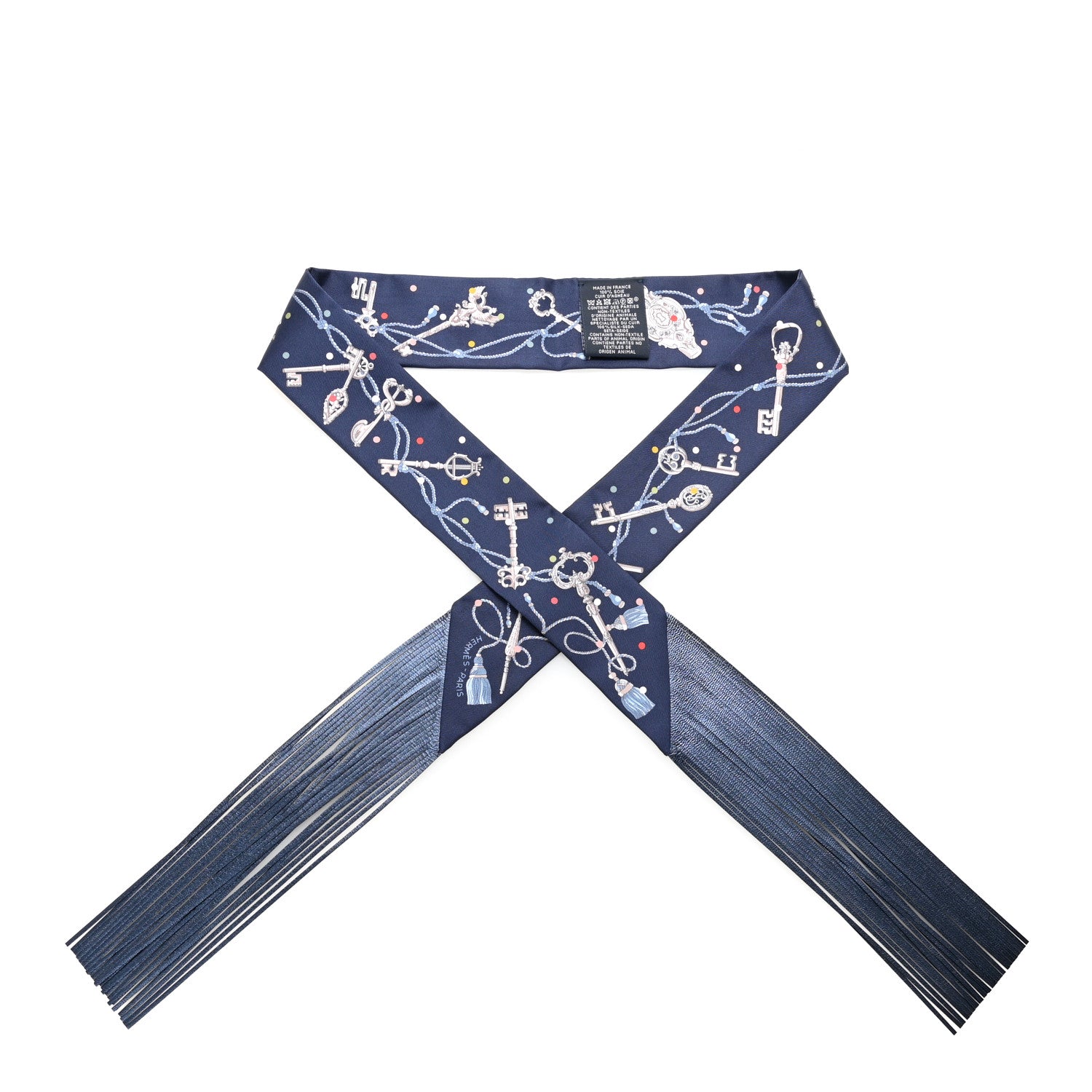 Hermes Silk Metallic Agneau Les Cles A Pois Fringed Twilly Bleu Marine Gris Argent Multicolor 1 of 4