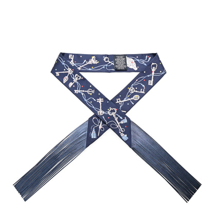 Hermes Silk Metallic Agneau Les Cles A Pois Fringed Twilly Bleu Marine Gris Argent Multicolor 1 of 4