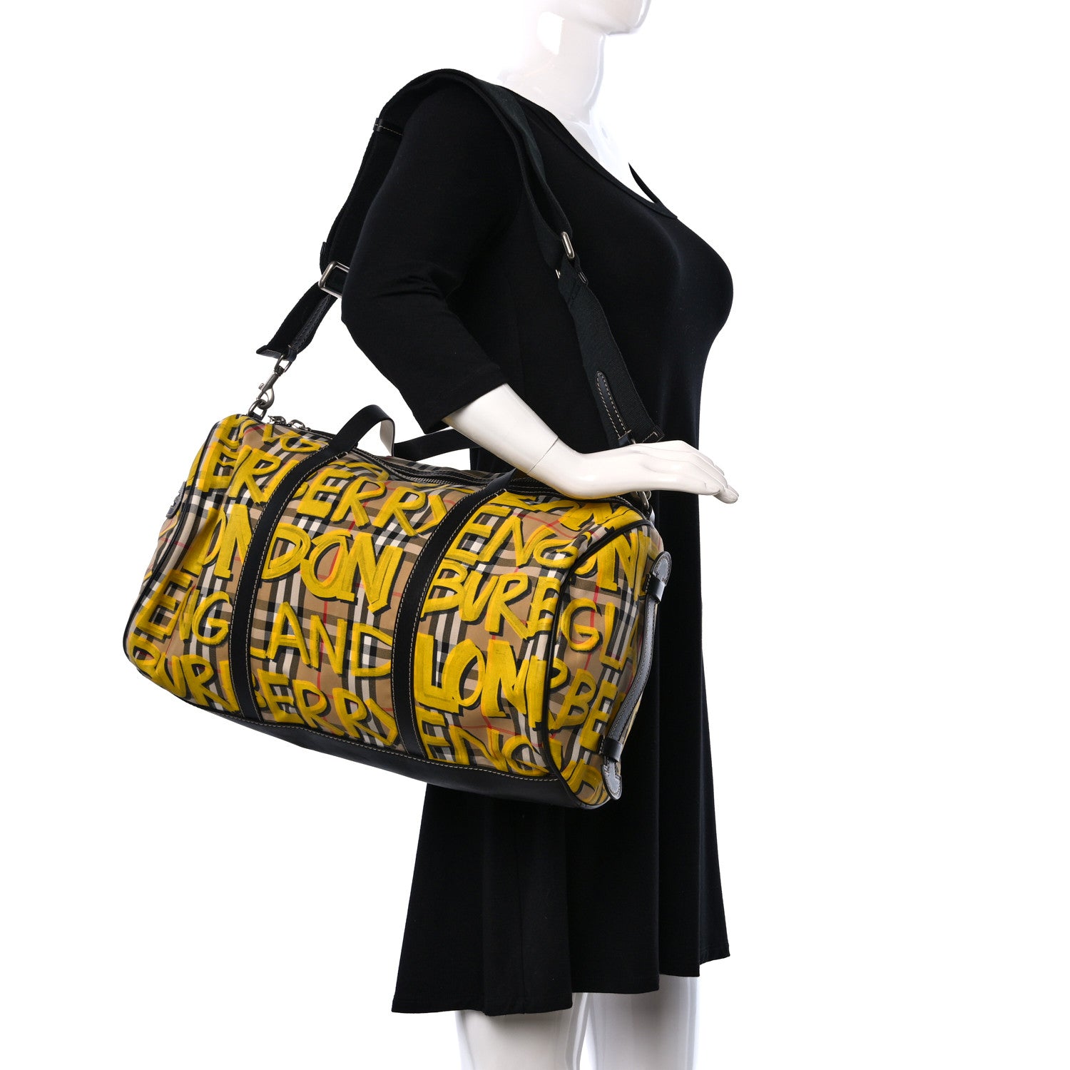 Burberry Calfskin Vintage Check Graffiti Print Duffle Bag Yellow 2 of 8