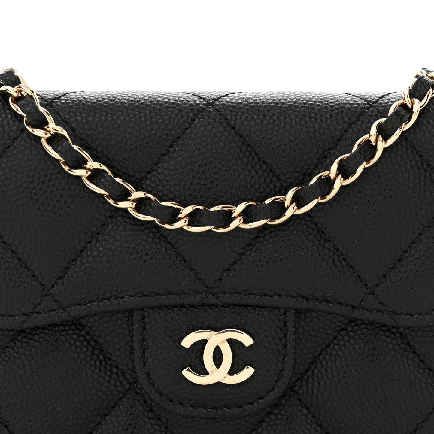 Caviar Quilted Flap Card Holder On Chain Black
