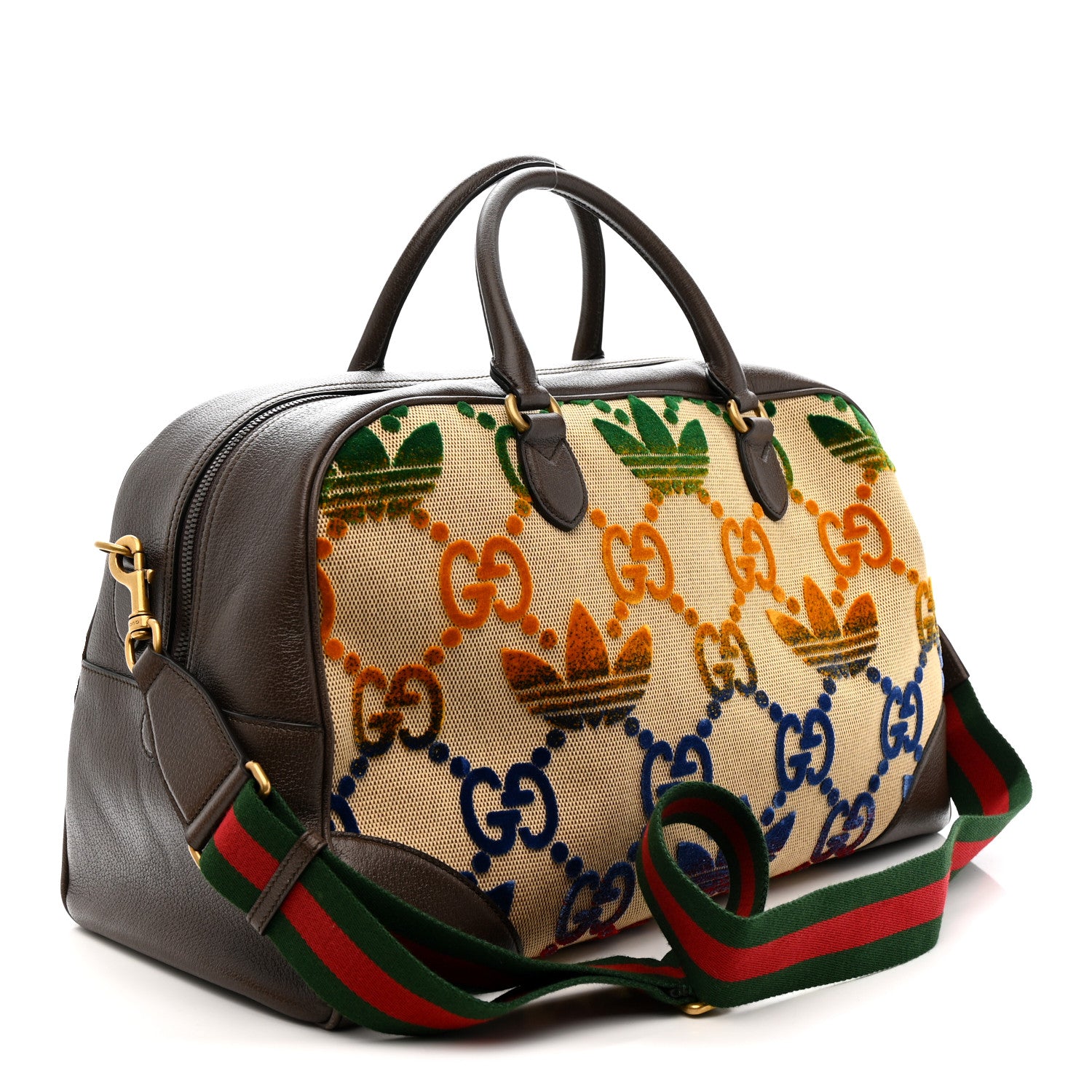 Gucci X ADIDAS Canvas Textured Dollar Calfskin Web GG Monogram Trefoil Large Bowling Bag Beige Brown Multicolor 2 of 9