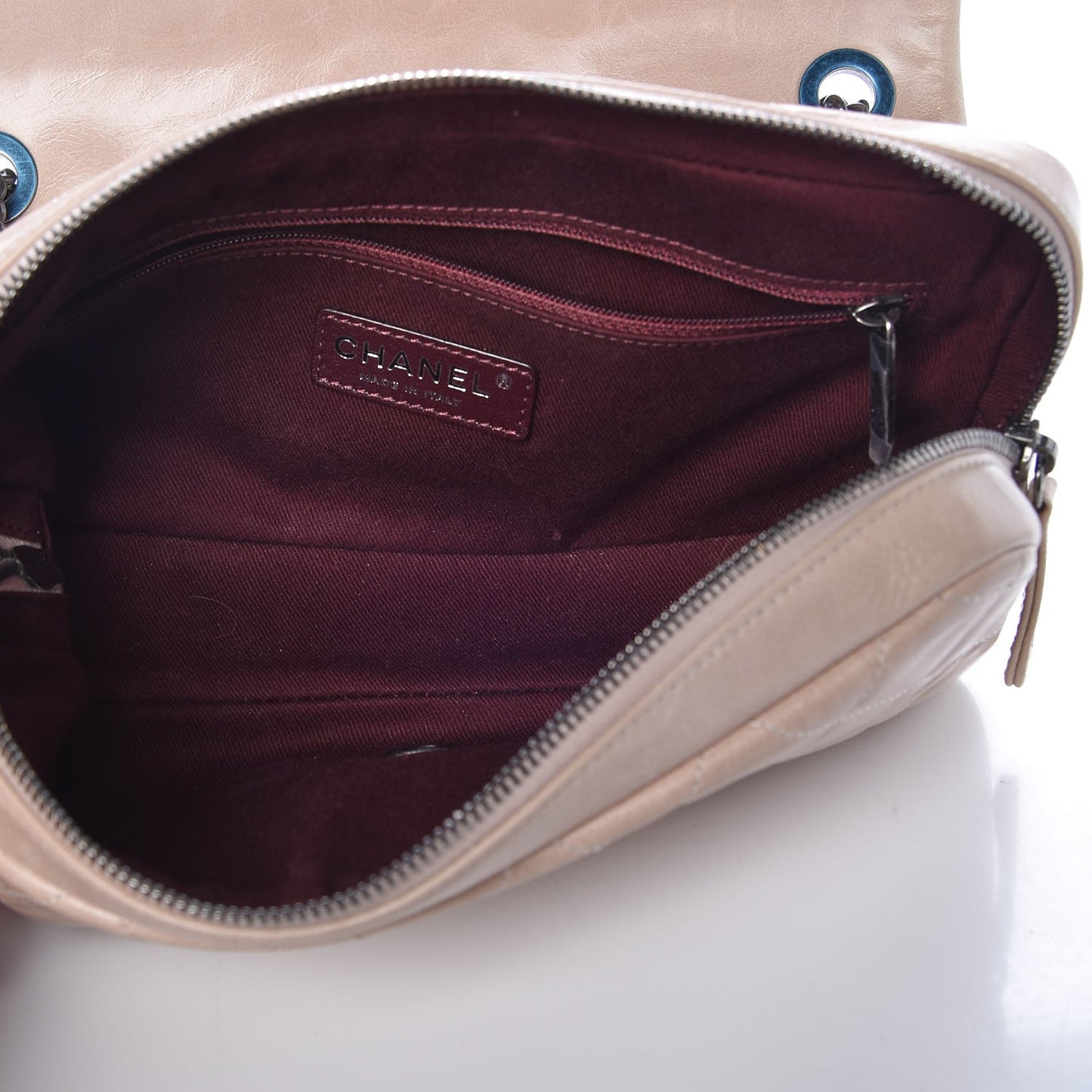 Glazed Calfskin Quilted Medium Duo Flap Beige