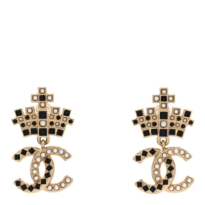 Chanel Resin Crystal Pearl CC Crown Drop Earrings Gold Black 1 of 5