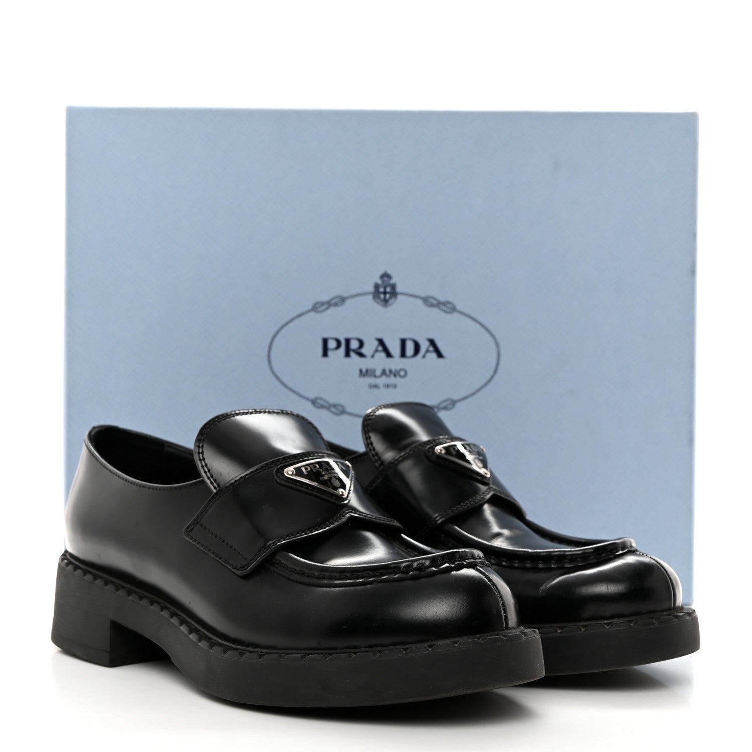 Prada Spazzolato Metal Triangle Logo 50mm Loafers 37.5 Black 10 of 10