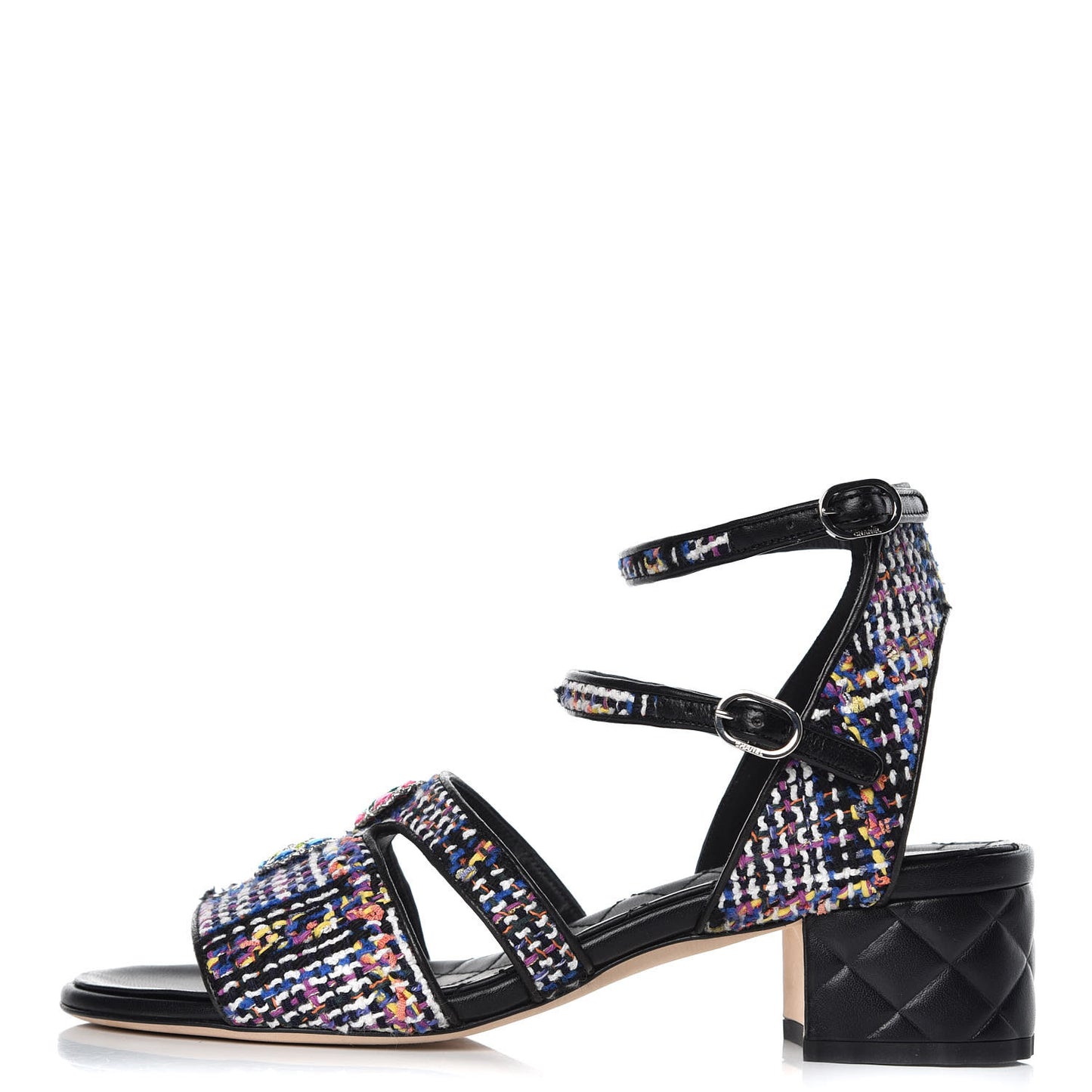Tweed Lambskin Sandals 39 Black Blue Yellow Fuchsia