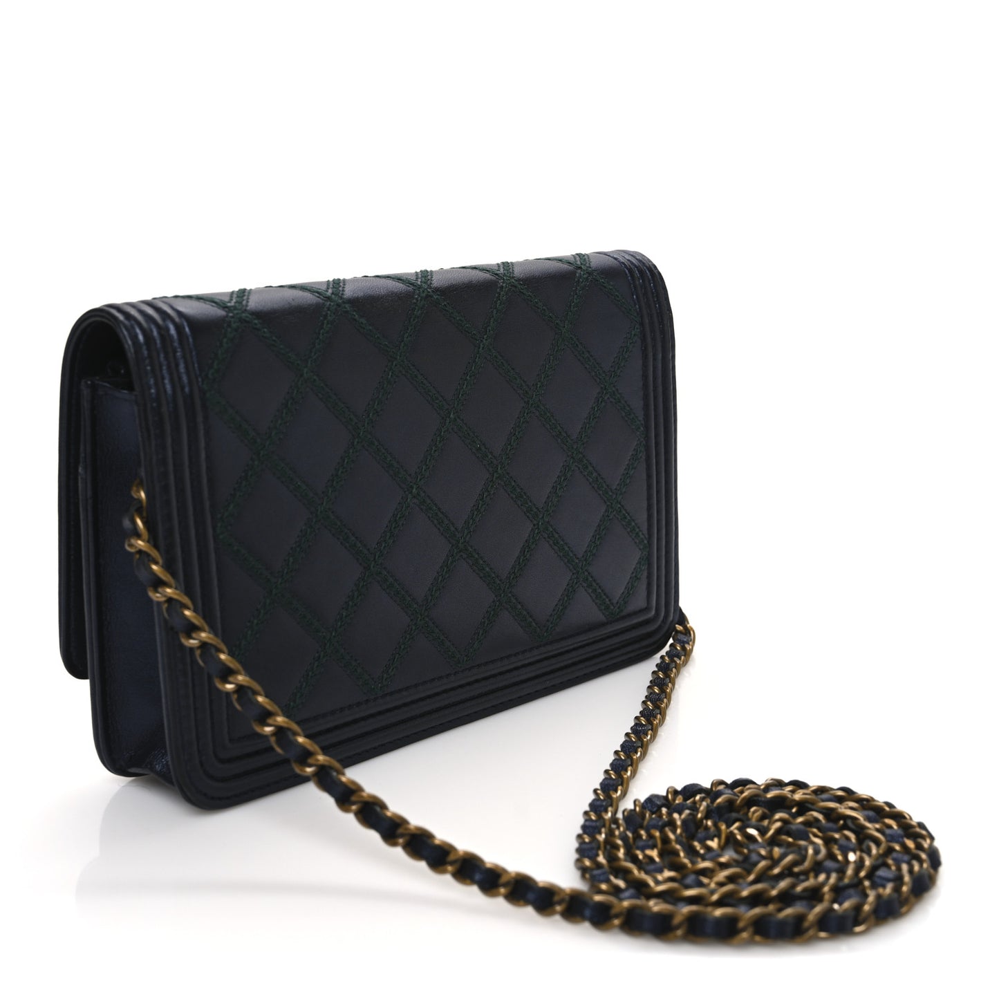 Calfskin Double Stitch Boy Wallet On Chain WOC Navy