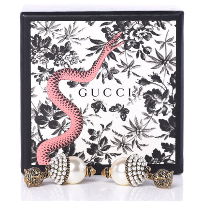 Gucci Metal Resin Pearl Feline Clip On Earrings Aged Gold 5 of 5