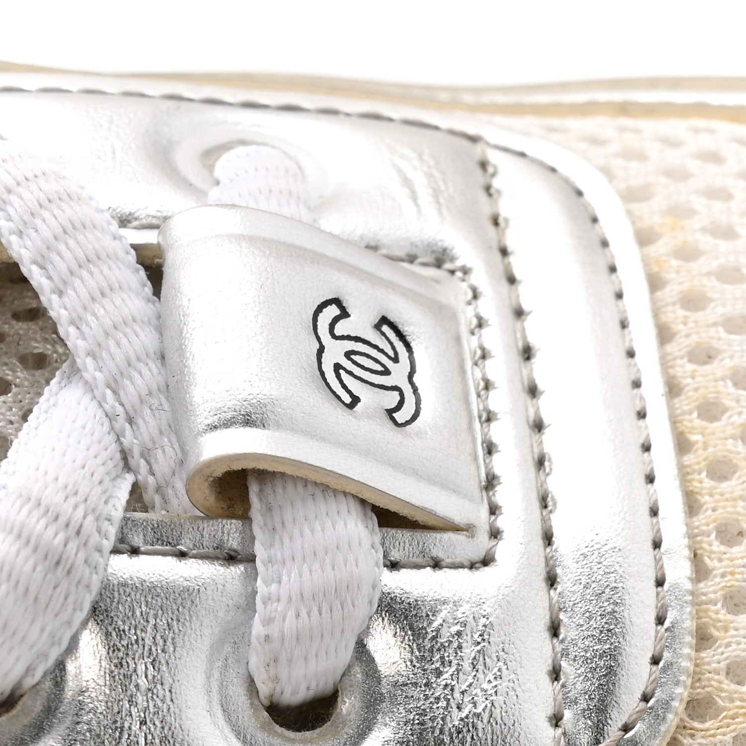 Chanel Fabric Laminated Calfskin Stretch CC Womens Sneakers 36 White Silver 12 of 12
