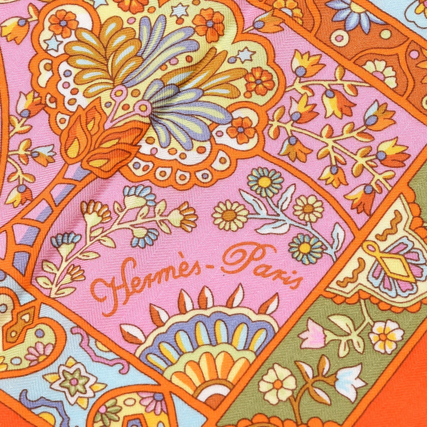 Cashmere Silk Au Pays Des Oiseaux Fleurs Shawl 140 Orange Bleu Vert