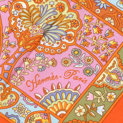 Hermes Cashmere Silk Au Pays Des Oiseaux Fleurs Shawl 140 Orange Bleu Vert 3 of 7