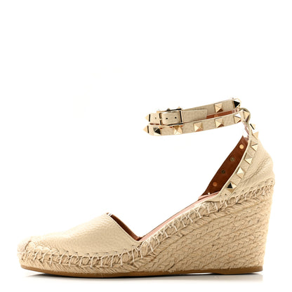 Valentino Garavani Grained Calfskin Rockstud Ankle Wrap Espadrille 15/85mm Wedges 38 Light Ivory 1 of 8