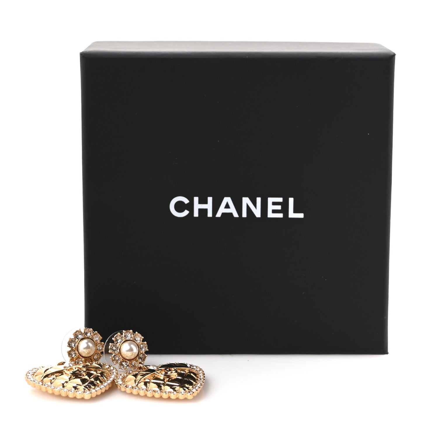 Pearl Crystal Quilted CC Heart Drop Earrings Gold