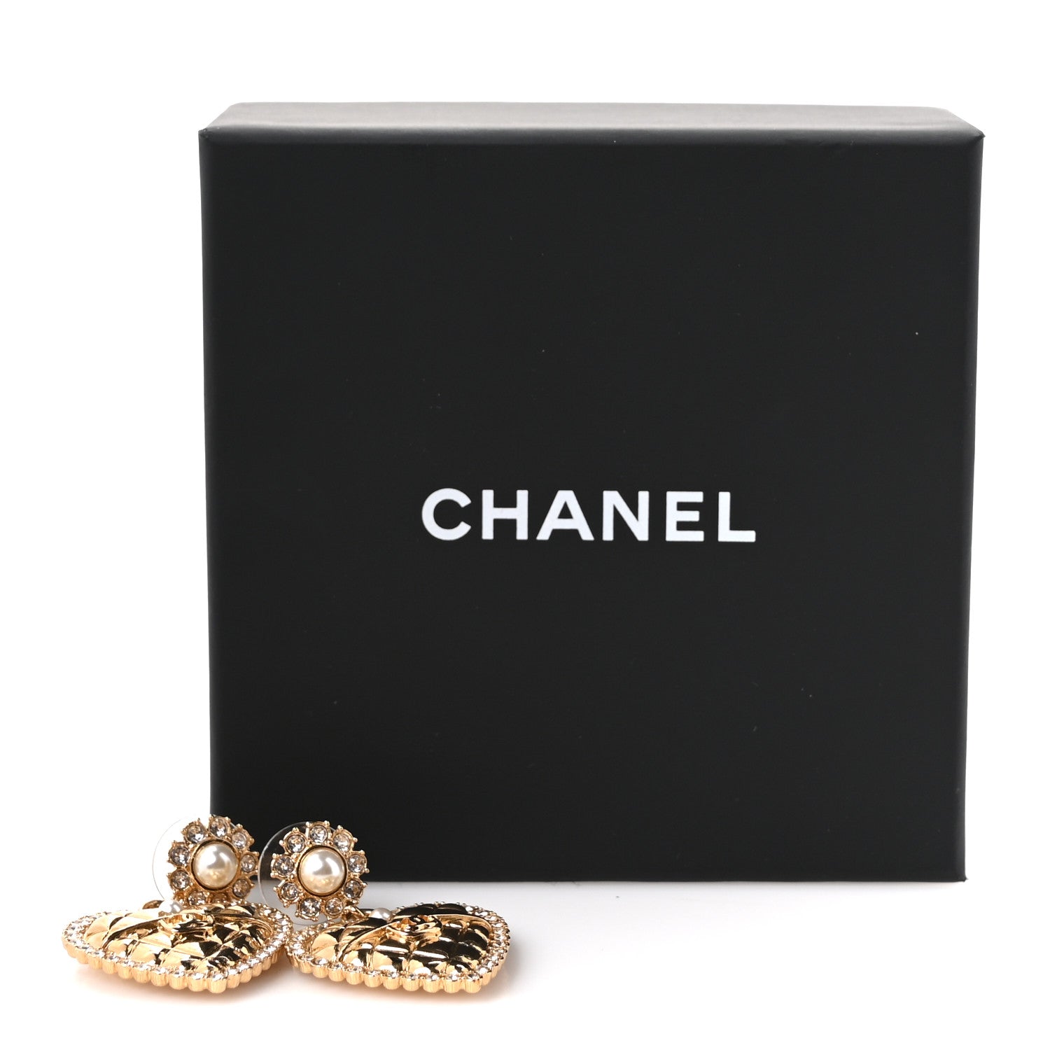 Chanel Pearl Crystal Quilted CC Heart Drop Earrings Gold 5 of 5