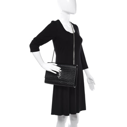 Saint Laurent Calfskin Crocodile Embossed Large Classic Monogram Kate Satchel Black 2 of 7