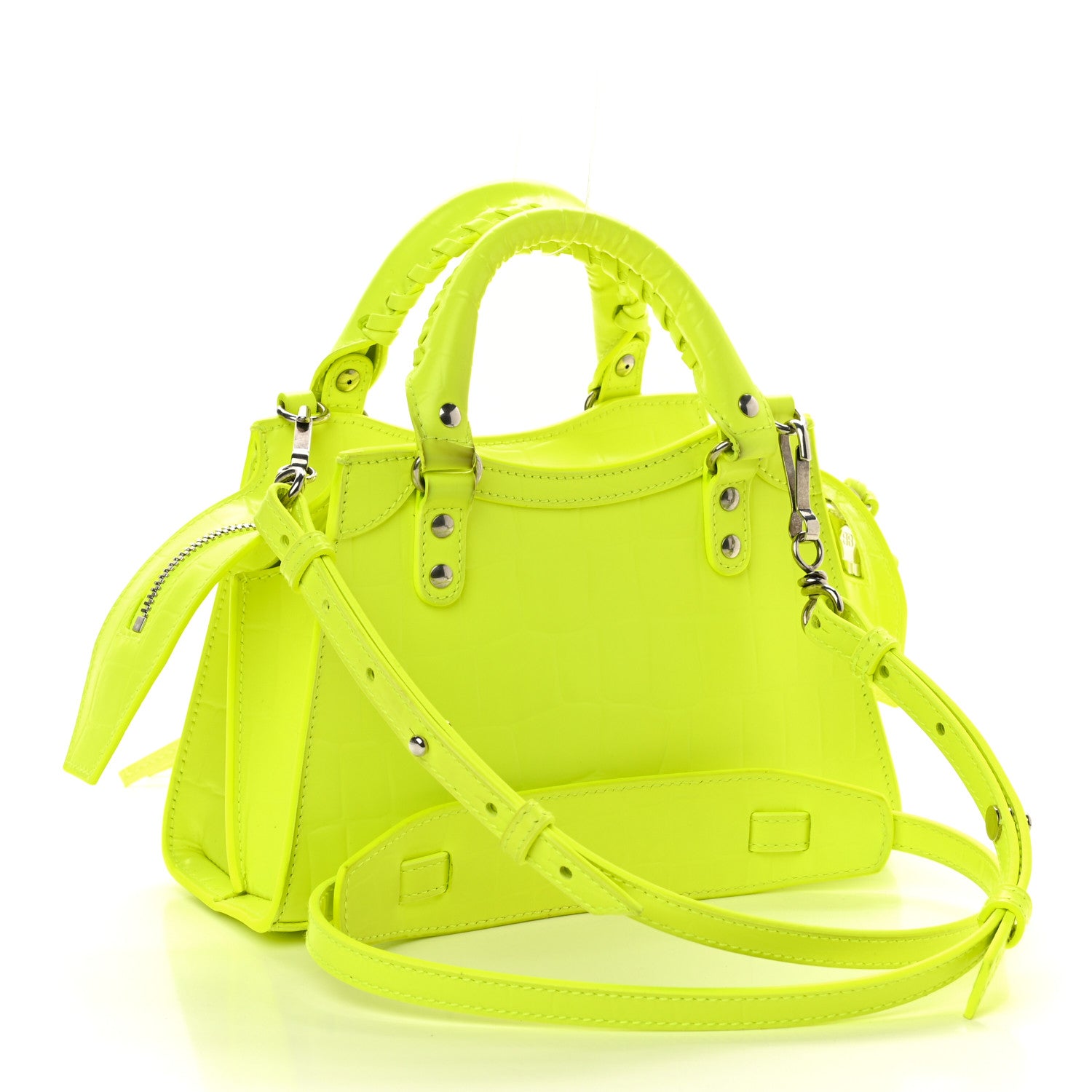 Balenciaga Semi Shiny Calfskin Crocodile Embossed Neo Classic Silver Hardware Mini City Fluo Yellow 3 of 8