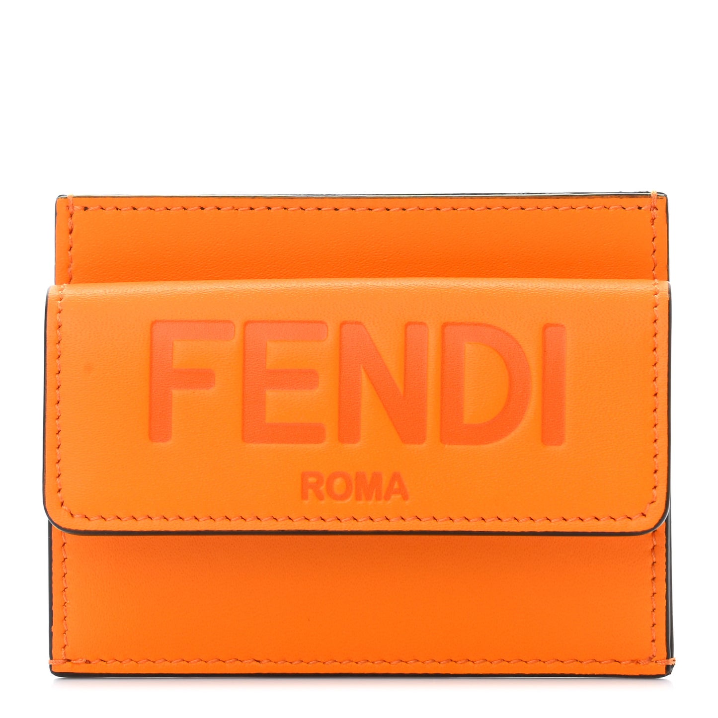 Vitello King Tamponato Logo Embossed Fold Over Card Holder Wallet Clementine