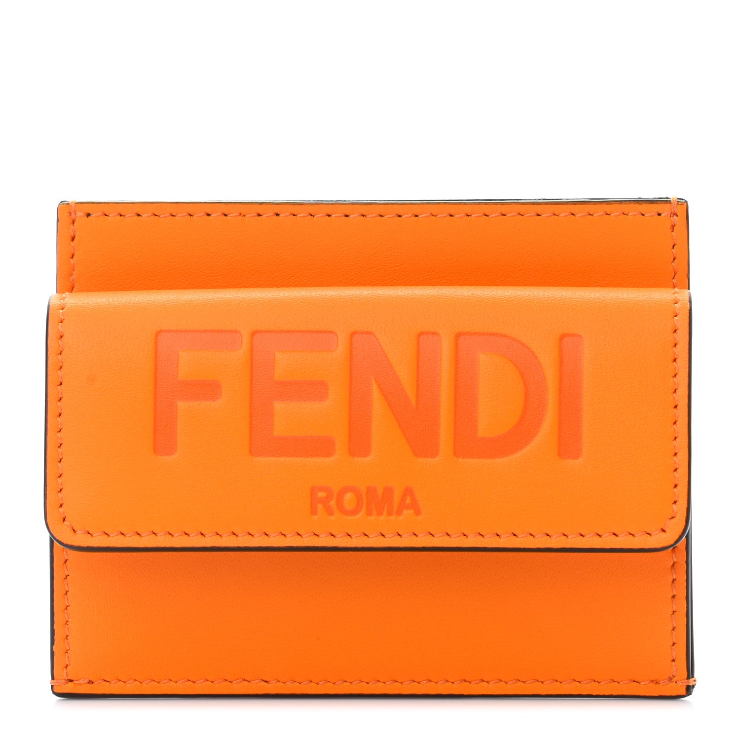 Fendi Vitello King Tamponato Logo Embossed Fold Over Card Holder Wallet Clementine 1 of 8