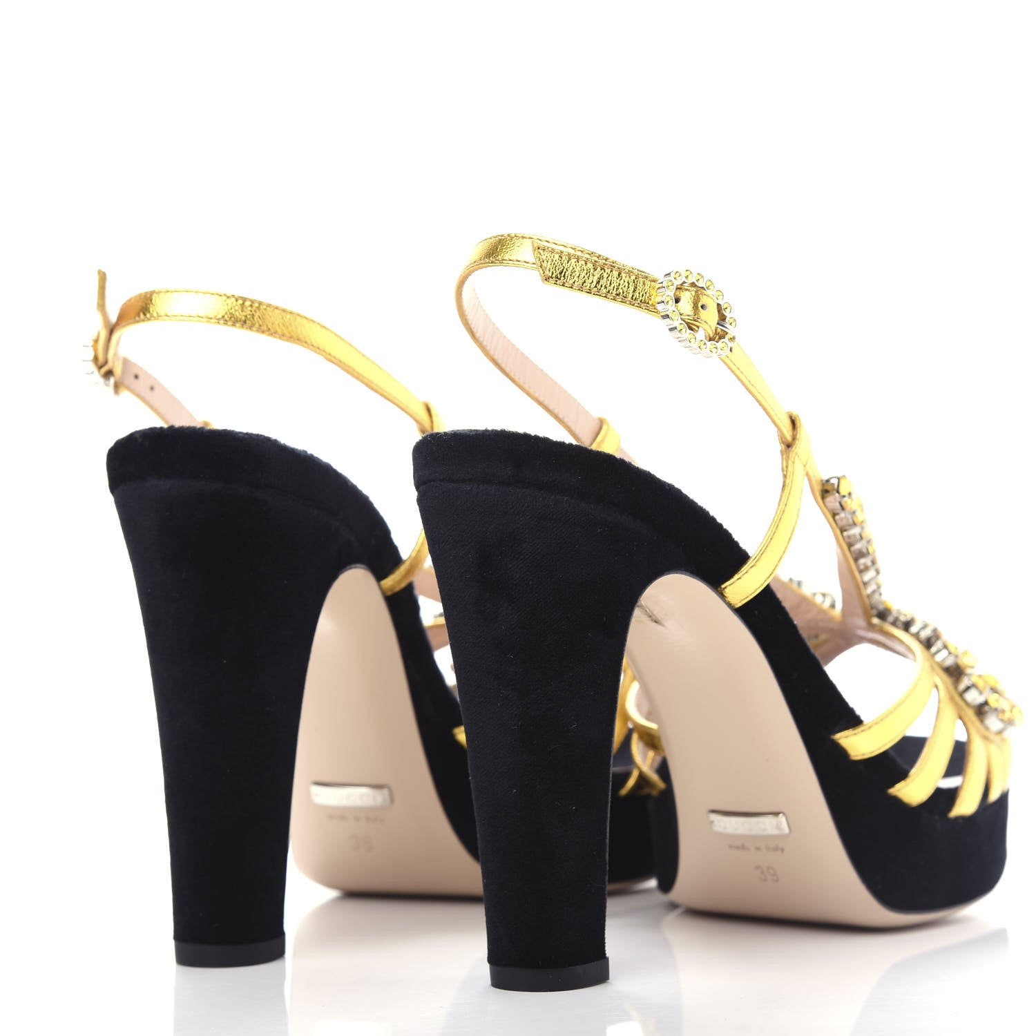 Gucci Velvet Nappa Crystal Zephyra Slingback Platform High Heel Sandals 39 Black Gold 4 of 10